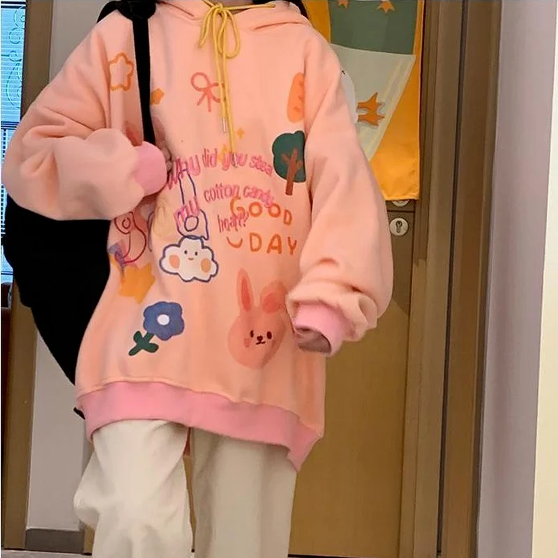 

QWEEK Kawaii Japan Style Hoodie Soft Girl Ovsesized Pink Cartoon Print Graffiti Sweatshirt Autumn 2021 Korean Cute Clothes