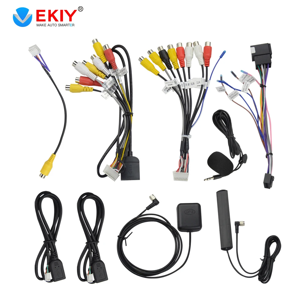 

EKIY 20 Pin USB ISO Power Cable Radio Adapter Microphone Rear View Camera Output AUX GPS Wifi/4G Version RCA Cable For Car Radio