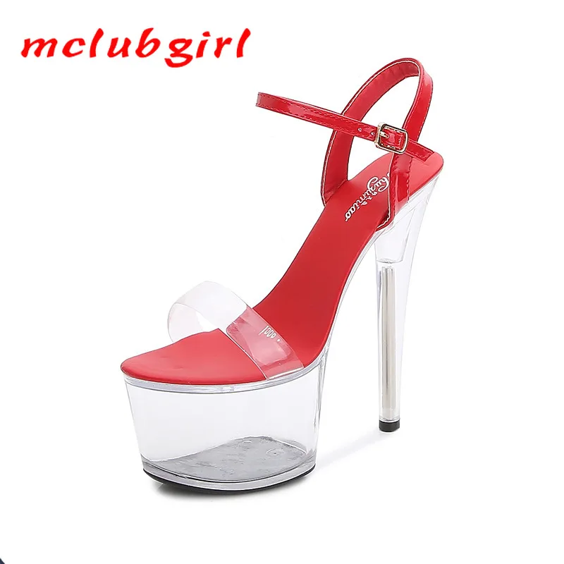 

Mclubgirl Clear Heel Platform Patent Leather 17CM Sandals Extra High Heels Stiletto Sexy Black Hate Sky High Female Summer LFD