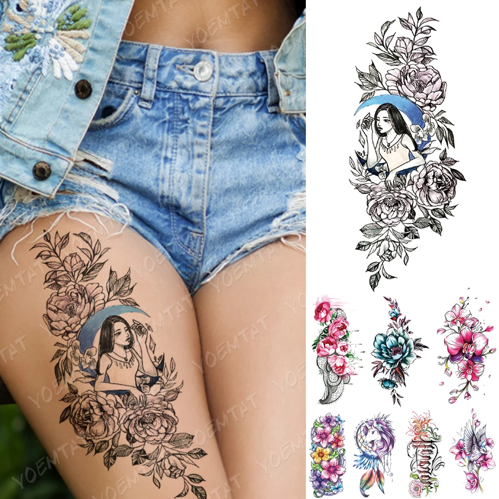 

Waterproof Temporary Tattoo Sticker Moon Girl Rose Unicorn Flash Tattoos Peony Flowers Body Art Arm Fake Sleeve Tatoo Women Men
