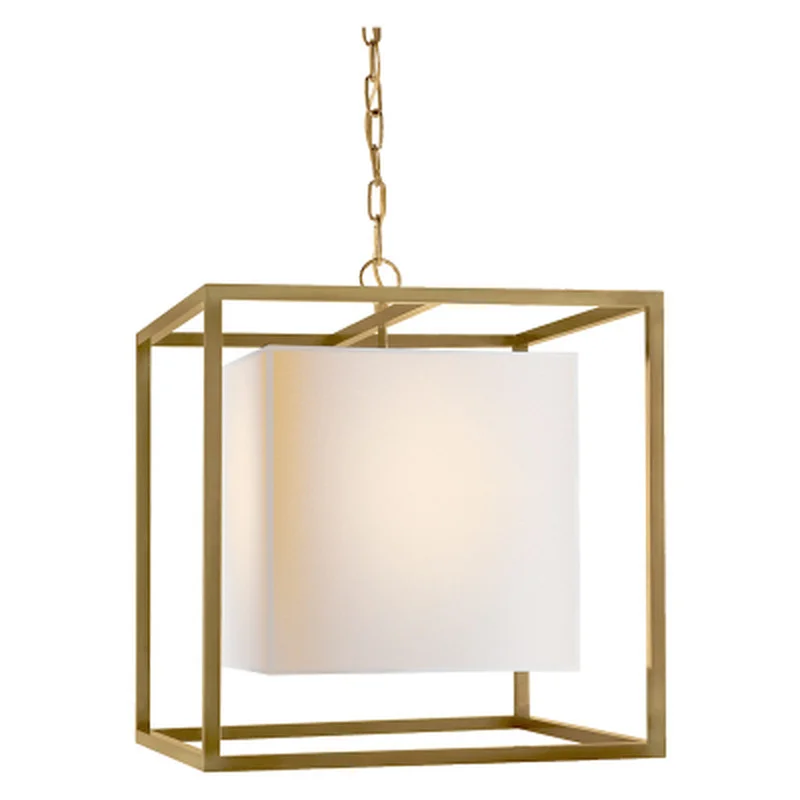 European American golden square cube copper brass LED pendant lamp light fabric frame modern hanging chain | Освещение