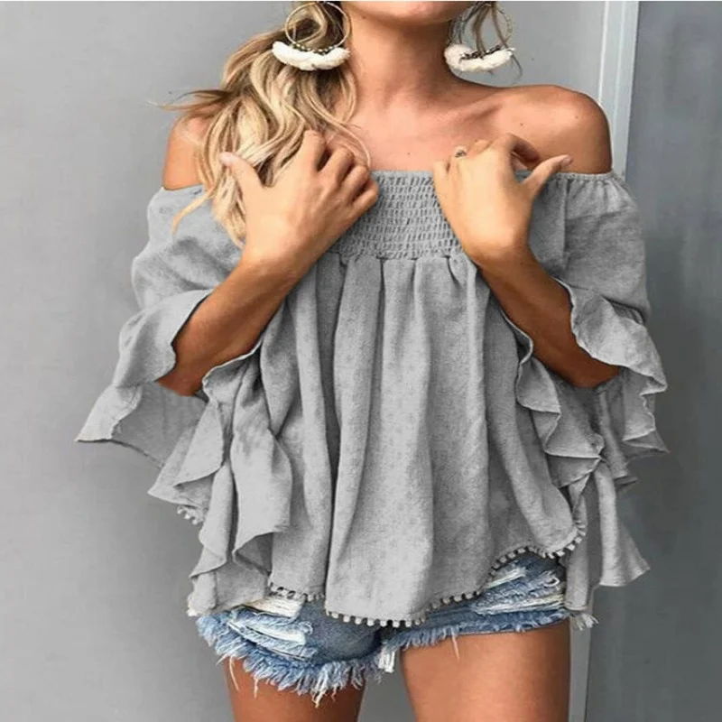 

Women's Elegant and Fashionable Printing Sexy Off-shoulder Top Flared Sleeve Top Summer Loose One-shoulder Fashion T-shirt Top
