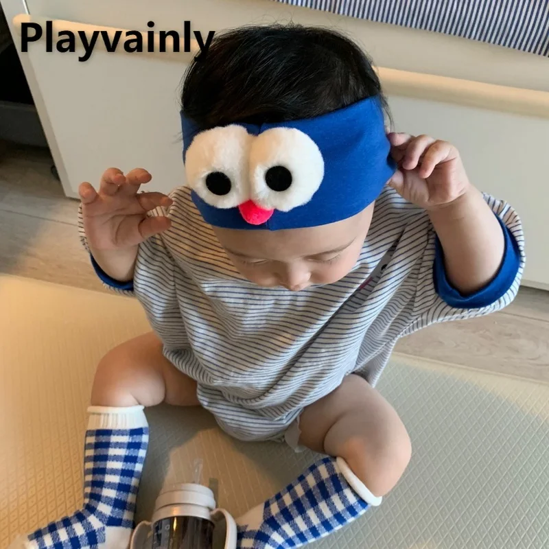 

2021 New Korean Style Summer Baby Boys Girls Bodysuit Striped Cartoon Big Eyes Jumpsuit with Headwear Newborn Clothes E073