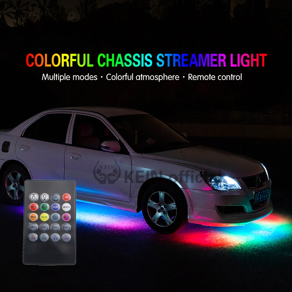 

KEIN 1 комплект Автомобильный шасси Гибкая полоса светильник DRL RGB Автомобильная декоративная атмосфера пульт дистанционного управления крас...