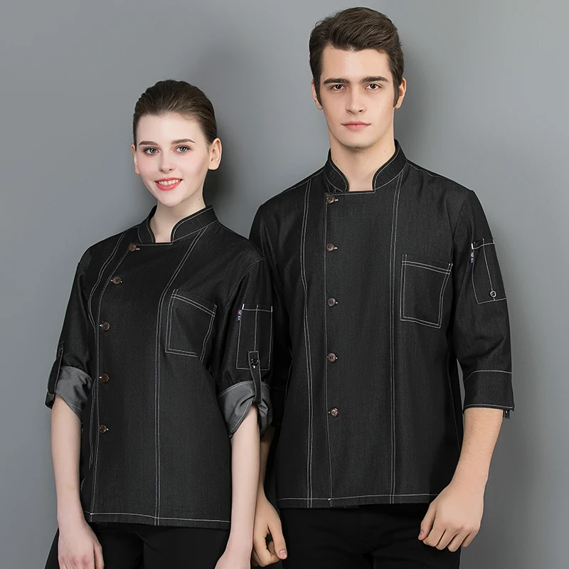 Мужская и женская джинсовая форма шеф повара с рукавом Семь четвертей пиджак для