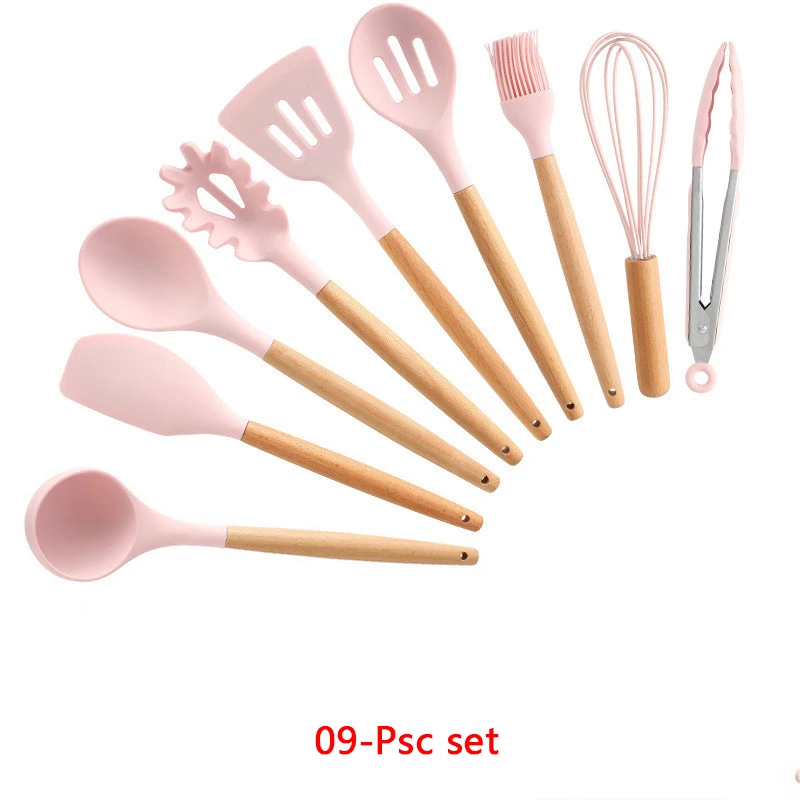 9-Pcs kitchen set 11-13 шт Силиконовая кухонная утварь набор кухонной утвари антипригарный шпатель Премиум деревянная ручка с ящиком для хранения кухонные инструменты - Цвет: 9-Pcs kitchen set