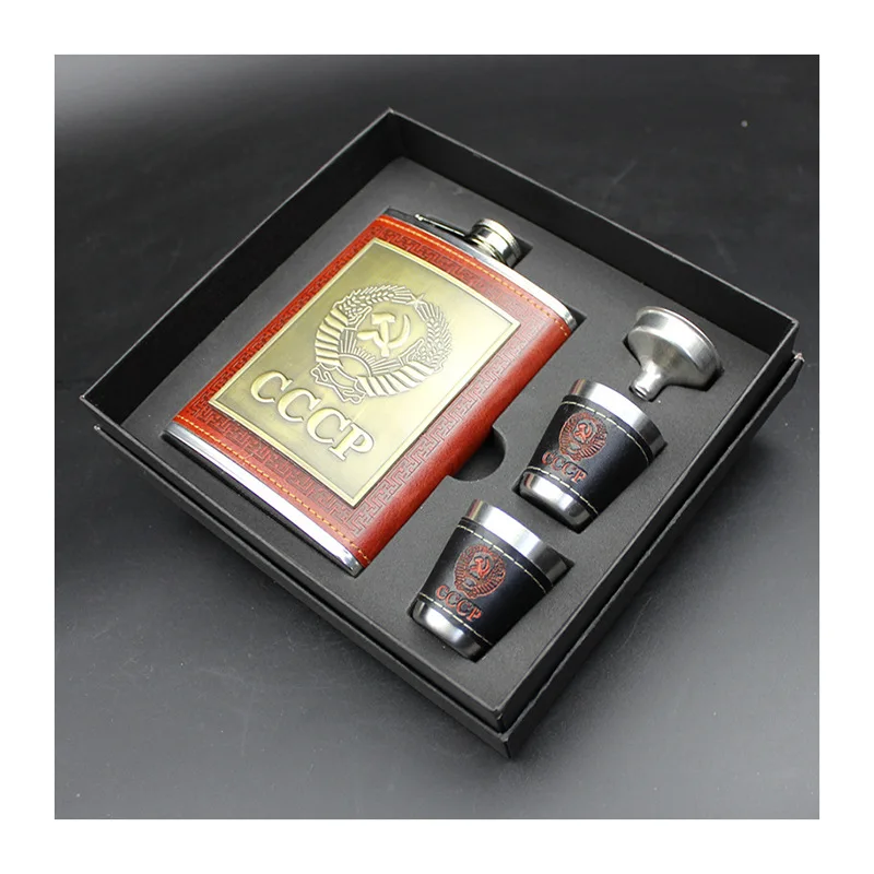 

Leather Thickening Stainless Steel Proof Kettle Pot Hip Flask Whiskey Wine Bottle Gift CCCP Engraving Alcohol Container with Box