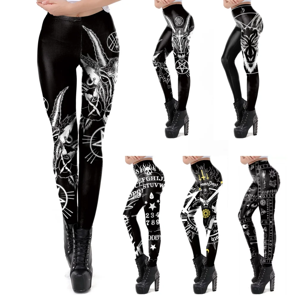 

Gothic Ouija Baphomet Print Satan Head Devil Leggings Fashion Women Festival Gift Mid-Waist Pants Sexy Slim Legging