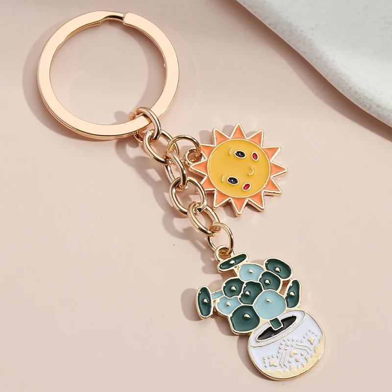 

Cute Keychain Sun Cactus Green Plants Key Ring Potted Key Chains Sunshine Gifts For Women Men Car Keys DIY Handmade Jewelry