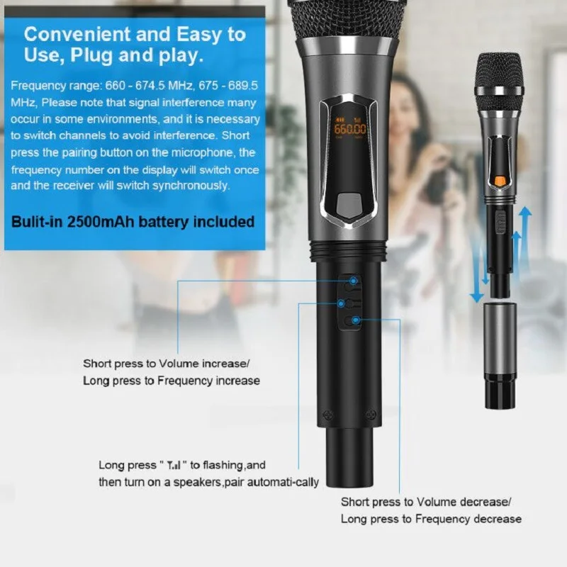 Беспроводной микрофон UHF с перезаряжаемой литиевой батареей профессиональный