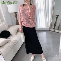 2021 summer new knit hollow out coat vest long dress suit women casual loose two pieces dresses sets travel fashion clothing