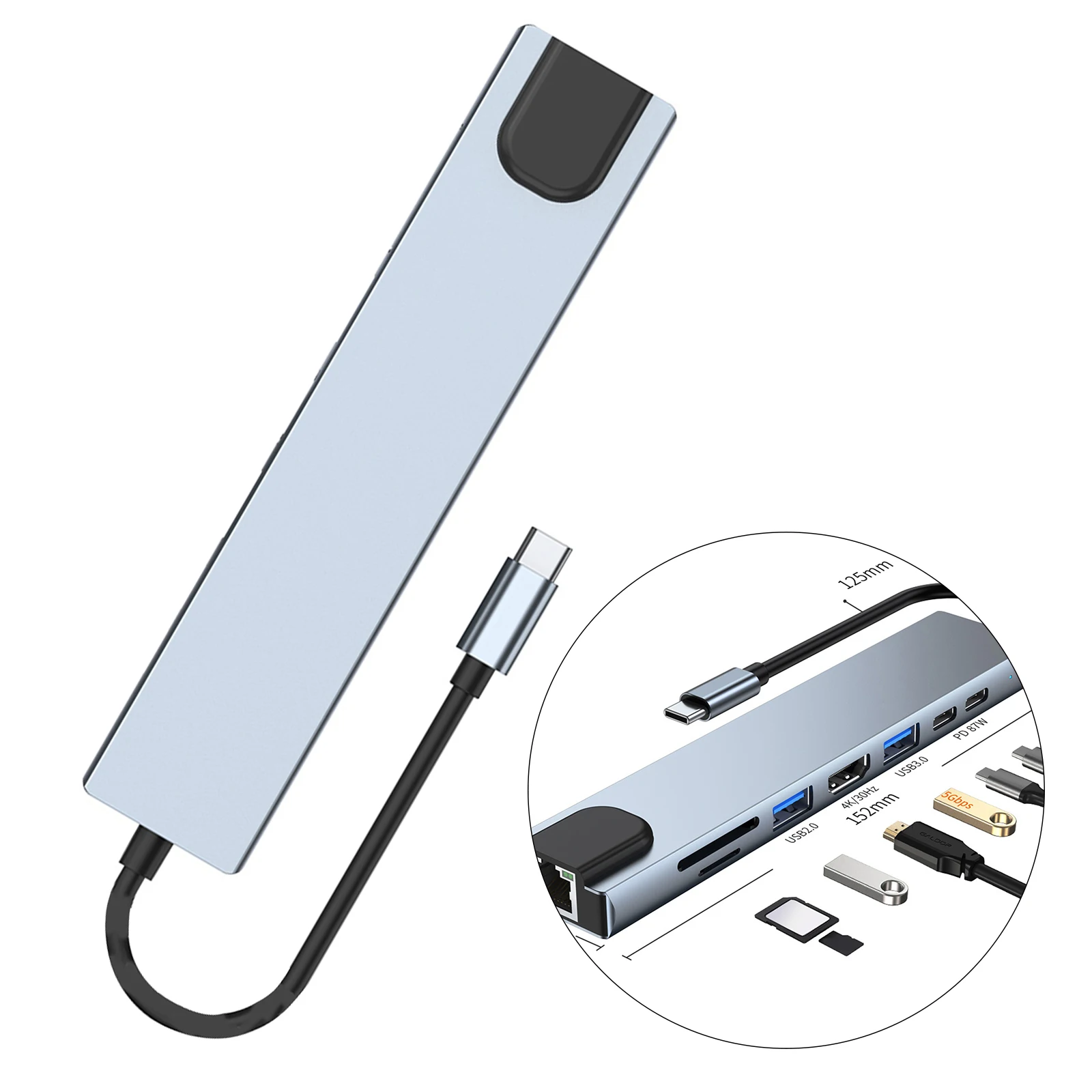 

8 в 1 USB C Hub Type C портативное пространство с 2K выходами 2 USB 3.0 портами для Pro Air HP Type C устройств