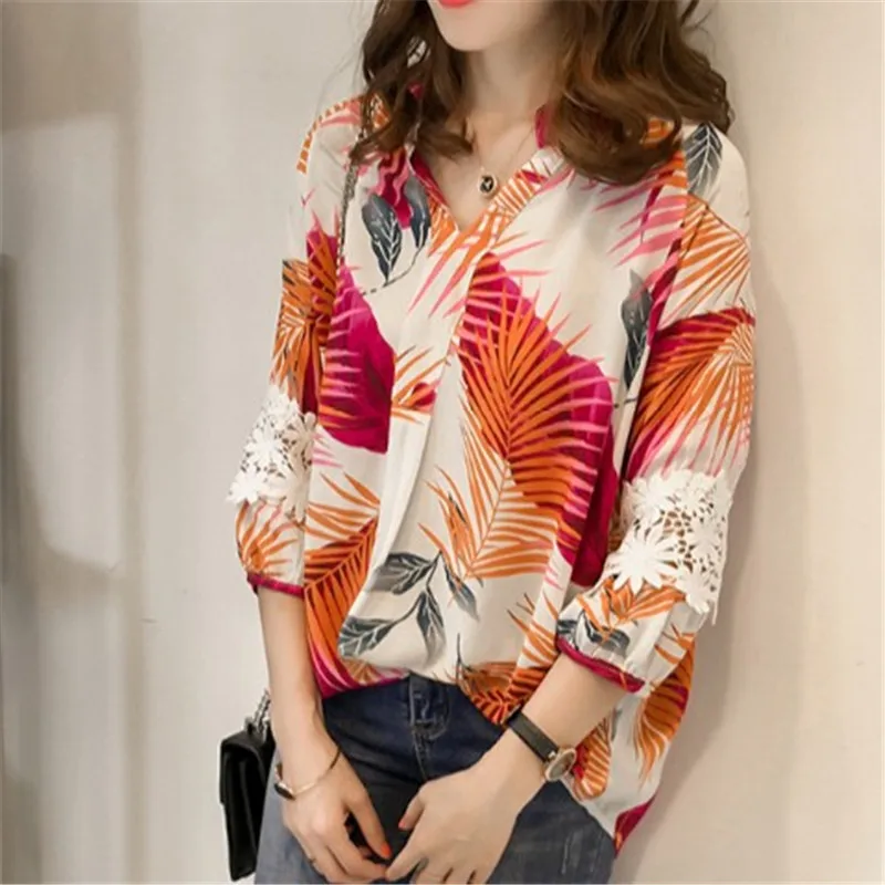 Новые женские летние топы с принтом Блузки 2021 модные рубашки кружевом 3/4 блузка