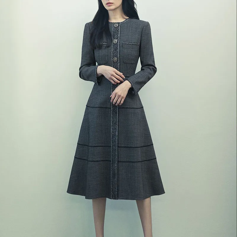 

2021 Autumn New Style Long-Sleeved Pocket Slim Fit Temperament Mid-Length Dress High-Quality Women'S Clothing