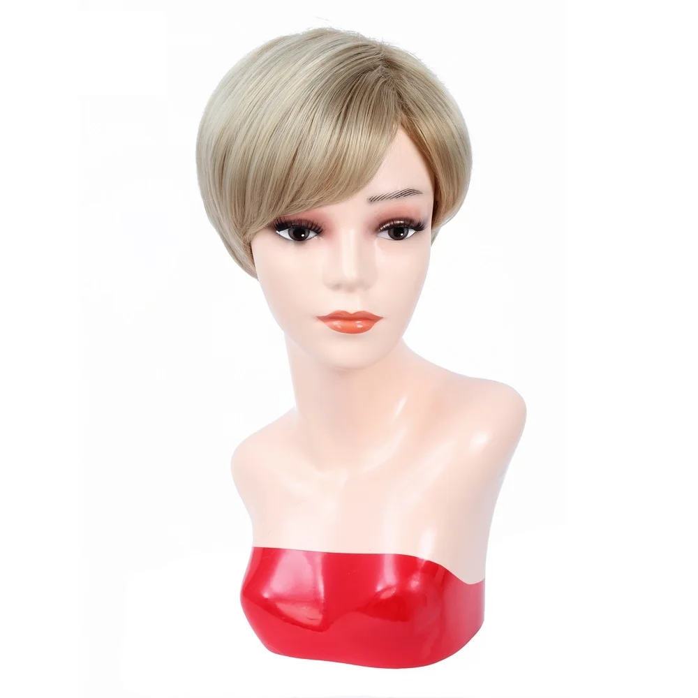 

Dai weier Short Blonde Pixie Cut Wigs with Neat Bangs for Women Blonde Synthetic Heat Resistant Cosplay Womens Wig