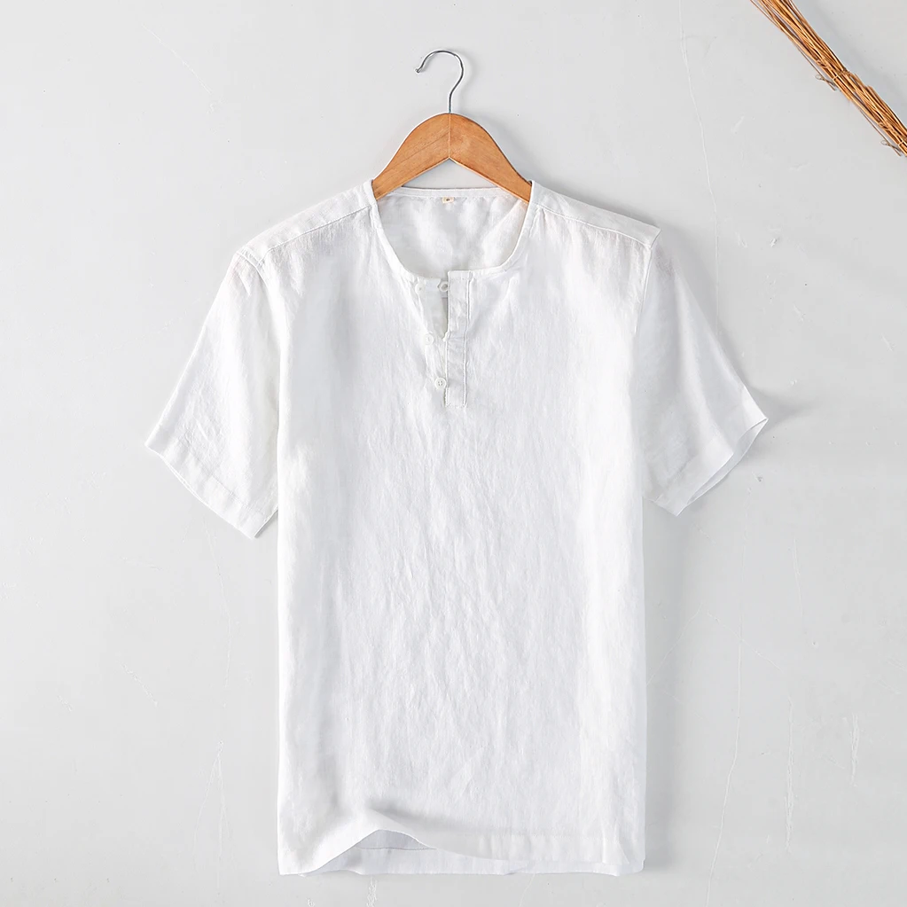 

Летняя обувь для мужчин из хлопка и льна Блузы Свободного Покроя Сплошной Цвет с коротким рукавом конопли V образным вырезом топы на пуговиц...