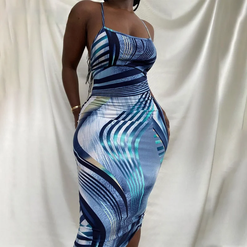 

Blue Tie Dye Print Women Summer Bodycon Dress Sexy Party Club Dress Casual Backless Wrap Dress Fashion women's dresses 2021