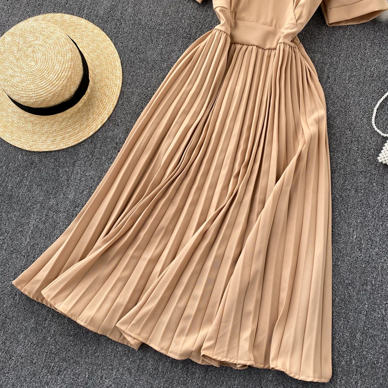 

Vintage Women's Pleated Dress Elegant Short Sleeve V-Neck High Waist Draped A-Line Vestidos Female Fashion Robe 2021 New Fashion