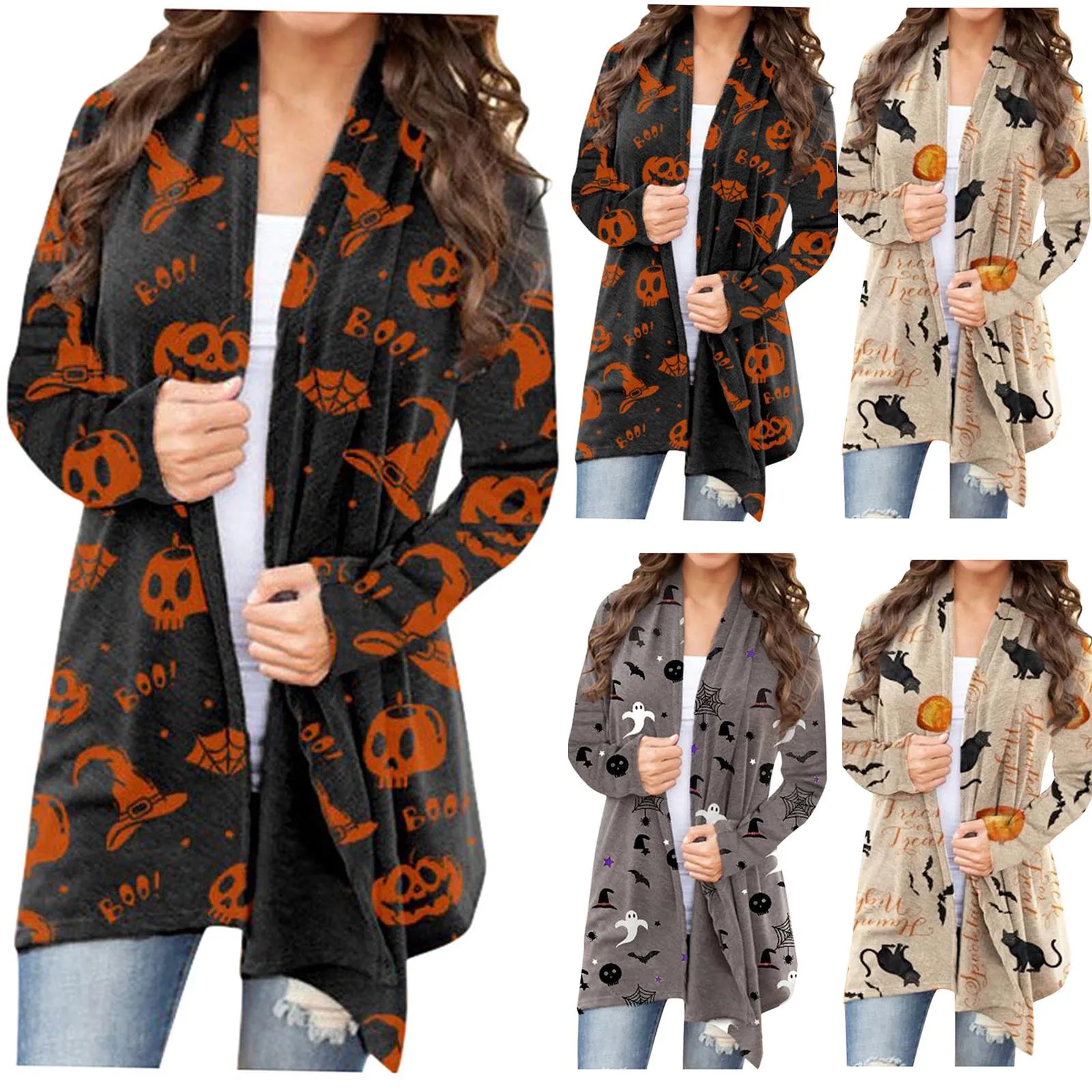 

Новинка, женский кардиган, свитер, кардиган на Хэллоуин, корейская мода, осеннее пальто с животным котом, Тыквой и принтом, блузка