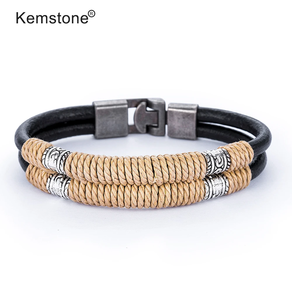 Kemstone двухслойный бежевый веревка обмотки черный кожаный браслет модные