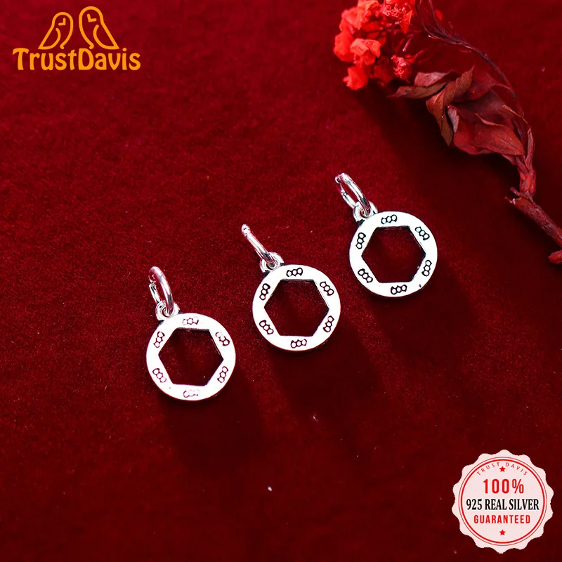 

TrustDavis Real 925 Sterling Silver Fashion Round Hexagon Charm Pendant Handmade DIY Accessories Fine Jewelry Wholesale HY252