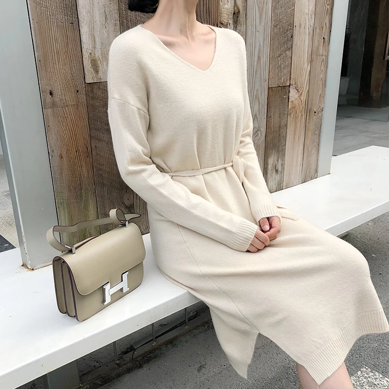 Flectit женское трикотажное платье с поясом мягкий кашемировый длинный рукав