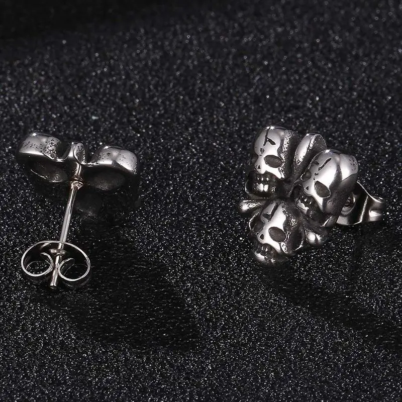 Уникальные серьги гвоздики в стиле панк рок с тремя черепами для мужчин и женщин