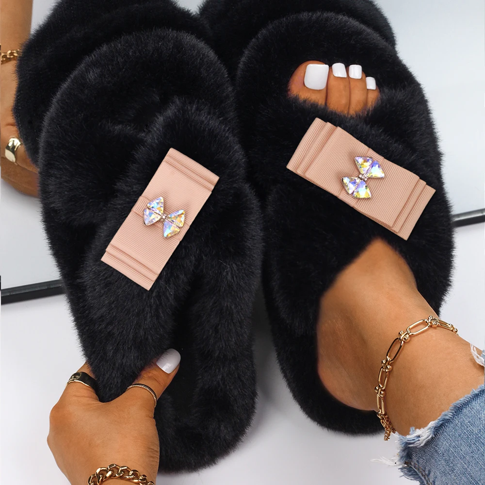 Women Sandals Fuzzy Slides Fashion Bow Decor Fluffy Slippers Luxury Brand High Quality Female Outdoor Casual Shoes Furry Slipper