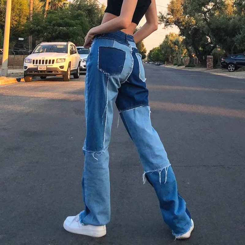 

Europe And America Autumn Spring Women Jeans Pants New Style High Waist Fashion Slim Patchwork Street Cool Straight Leg