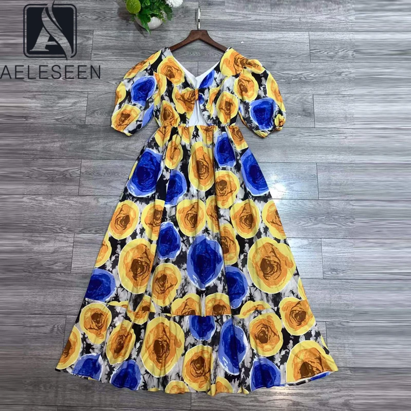 

AELESEEN Vintage Women Dress 2022 Sping Summer Sexy V-Neck Yellow Red Flower Print Puff Sleeve Ethnic Long Holiday Casual