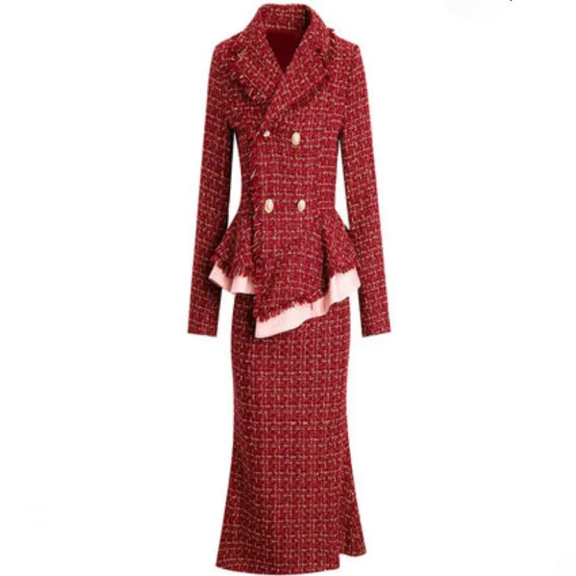 Женский комплект из 2 предметов клетчатый твидовый шерстяной пиджак с длинным
