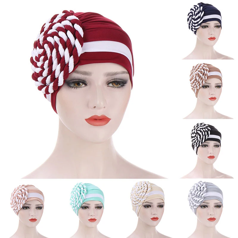 

Resuable Round Headscarf Bonnet Hat Head Cover Sleep Hat Stripe Turban Hat Head Accessories Night Cap Muslim