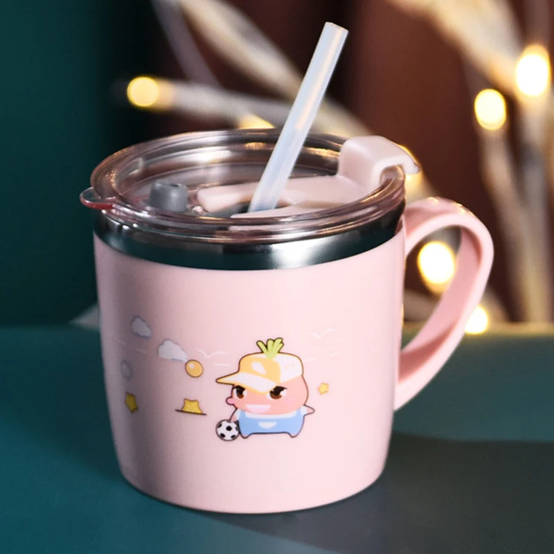 

Stainless steel children's straw cup with lid and handle anti-drop water cup baby learn to drink cup 220ML