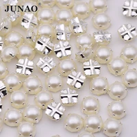 junao 100pcs 6 7 8mm sewing white pearl beads silver claw rhinestones flatback half round pearls appliques sew on strass crafts