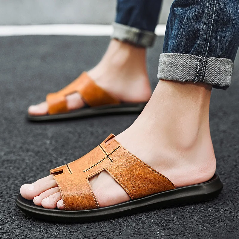 Мужские сандалии на плоской подошве мягкие дышащие кожаные Повседневная пляжная