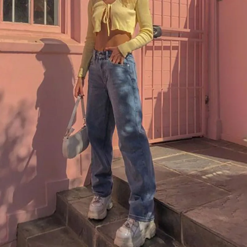 

2021 High-Quality Pure Color Straight Jeans High Waist Loose Pants Women's 2021 New Spring E-Girl Vintage Fashion Slim Denim St