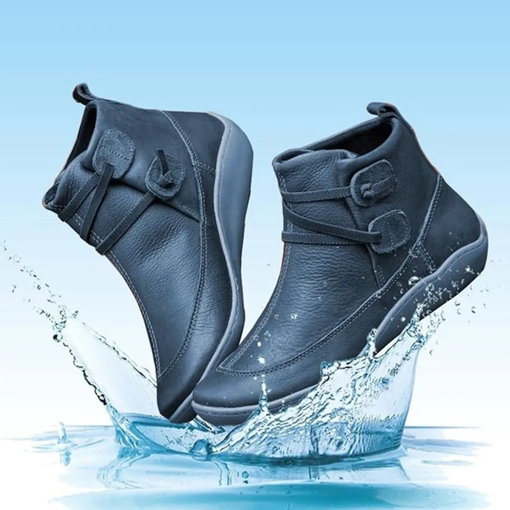 Women's Vintage Leather Boots Women Flat Heel Round Head Waterproof Shoes woman Winter Warmer Hiking Snow Ankle | Обувь