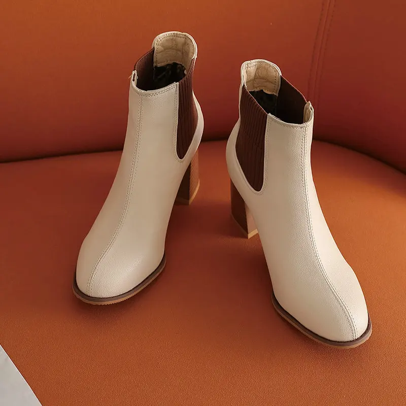 

2021 New Autumn Winter Ankle Boots Square High Heel Zipper Women Shoes Quality PU Leather Round Toe Short Boots Size 34-43
