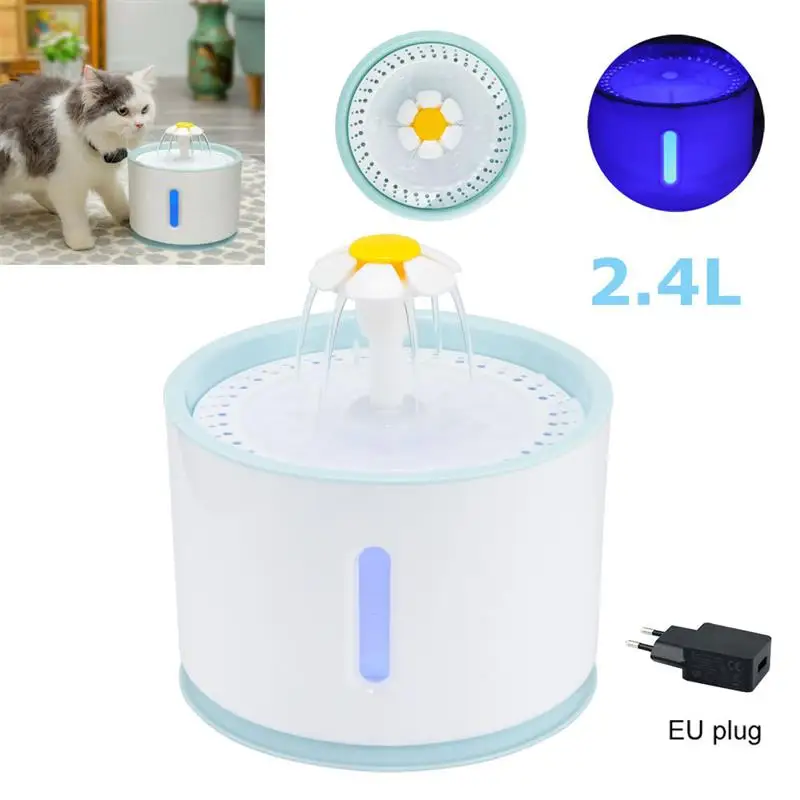 EU Plug Автоматический фонтан для домашних животных со светодиодный usb-питанием для собак, кошек, поилка, фонтан, диспенсер с активированным углем, Сменный фильтр - Цвет: EU Plug