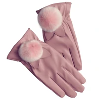 womens velvet lined leather gloves black pink genuine leather gloves female sheepskin gloves real rabbit fur bal