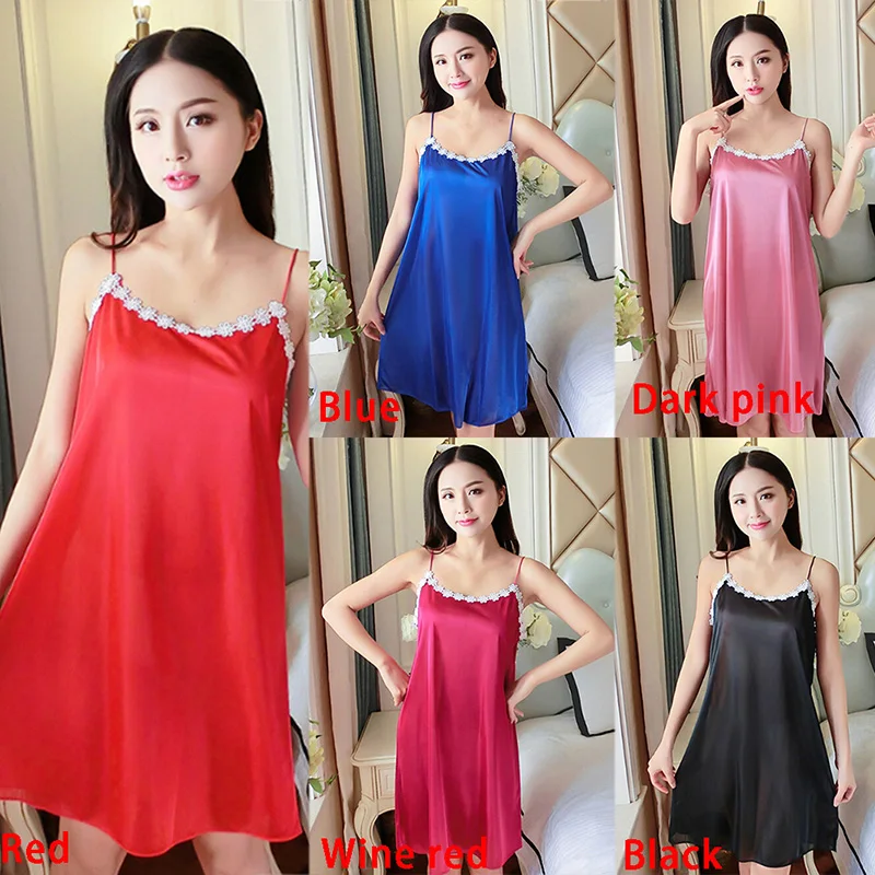 

For Women Sexy Night Dress Deep V Lace Sleepwear Lingerie Silk Nightgown Sleeveless Nightdress Nightwear Summer Homewear