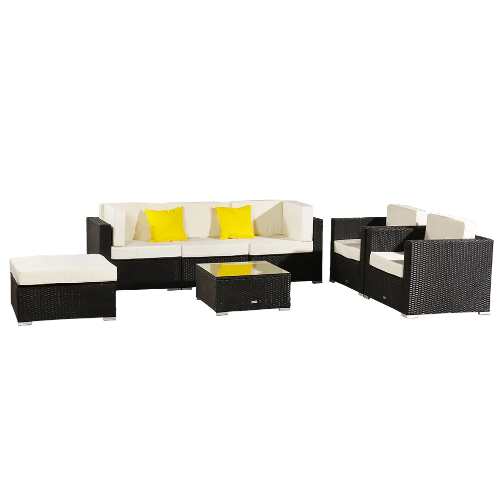 7Pcs Patio Furniture Set Include 1 Armless Sofa 2 Corner Sofa 2 Single Sofa 1 Table 1 Ottoman PE Wicker Rattan Steel Black[US-W]