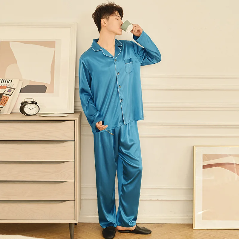 

Мужская пижама, сатиновая Тонкая шелковая однотонная свободная пижама с длинными рукавами, весна-осень, 3 цвета, удобное бытовое обслуживан...