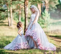elegant plus size mother daughter evening dresses tulle pink 3d flowers strapless high low party dress formal prom gown robes