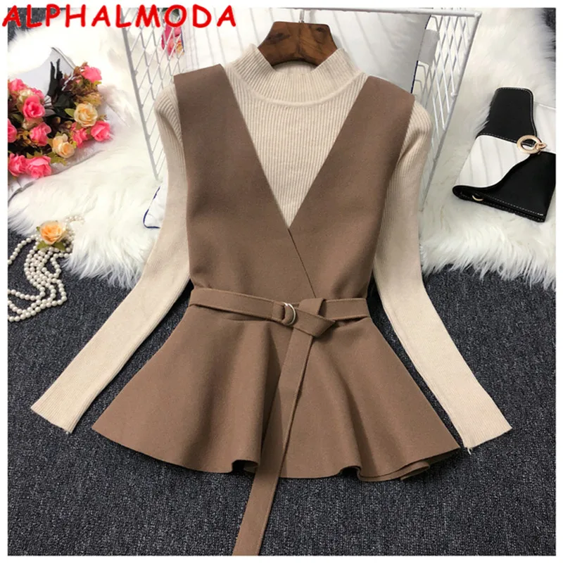

Женский комплект ALPHALMODA, трикотажная нижняя рубашка и жилет, жилет с V-образным вырезом и поясом и свитер с длинными рукавами на осень, 2019