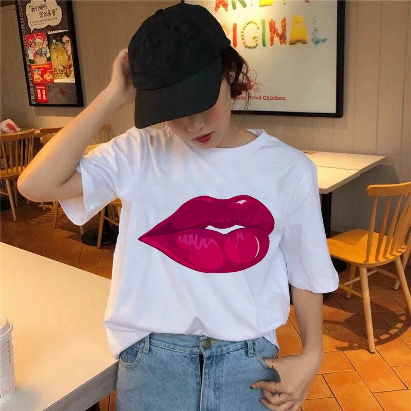 Women T-shirt 90s Harajuku Ullzang Fashion Graphic Cute Cartoon Tshirt Summer Short Sleeve Big Red Mouth Lip Kiss Printed Tshirt