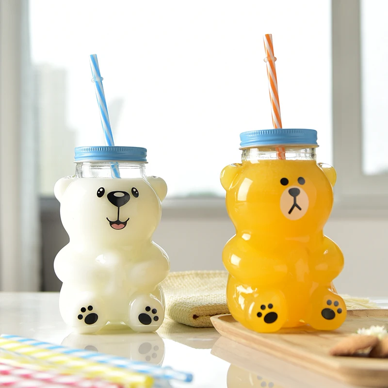 550ml Cute Cartoon Bear Sippy Cup Creative Heat Resistant Glass Water Bottle With Straw Juice Milk Kids Clear Drinking Bottles | Дом и сад