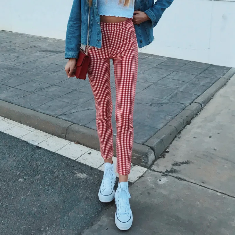 Красные клетчатые повседневные обтягивающие спортивные штаны женские леггинсы