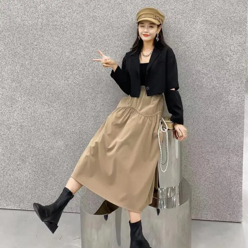 Женская кожаная юбка с высокой талией, Повседневная Свободная простая однотонная трапециевидная длинная юбка с поясом на резинке, осень 2021
