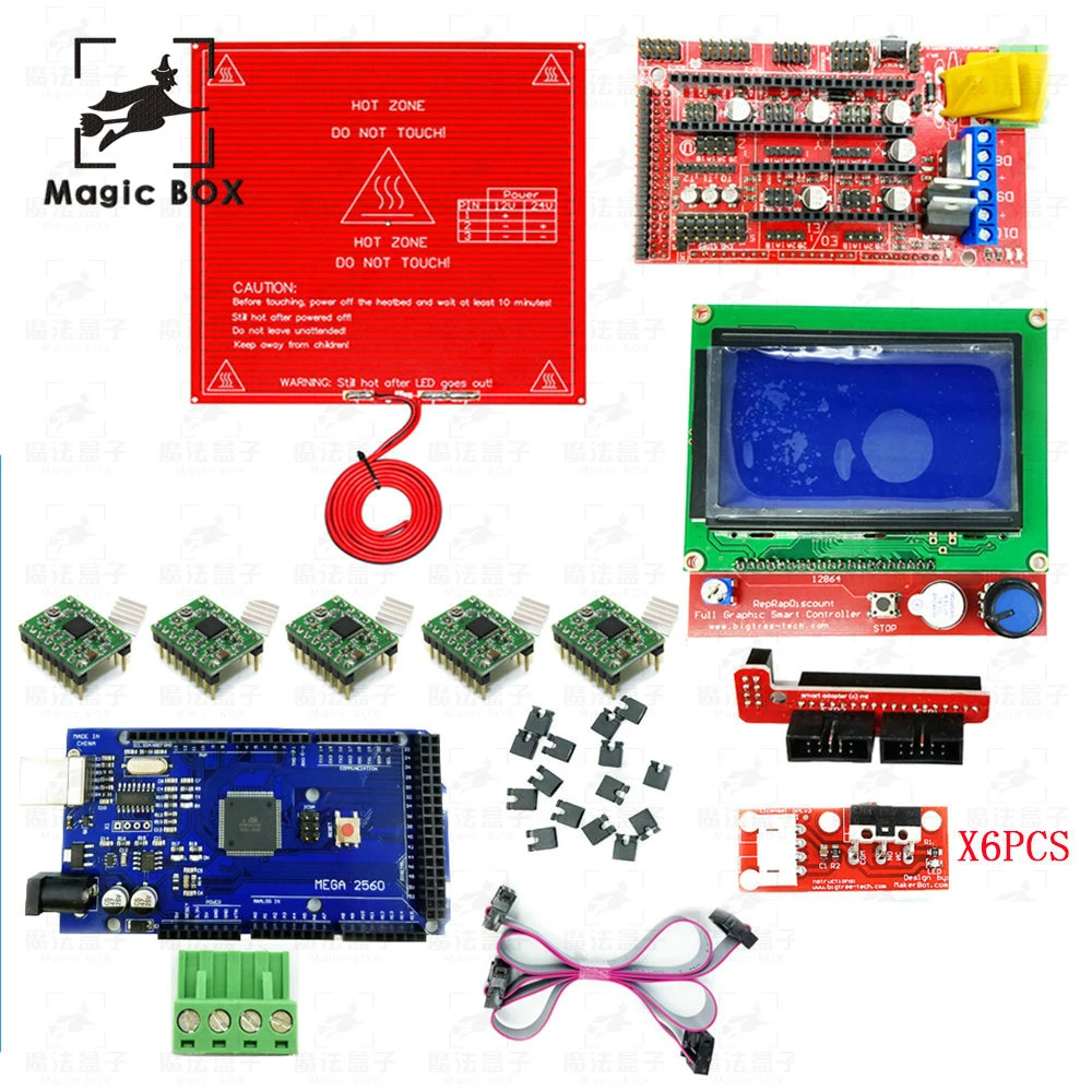 Комплект Reprap Ramps 1,4 с нагревателем mk2b+ Mega 2560 R3+ 12864LCD контроллер+ A4988 Драйвер+ концы+ кабели для 3d принтера 1
